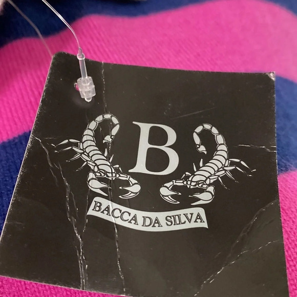 Bacca Da Silva NEW Cashmere Polo Shirt Striped Large Chest Logo Pink/Navy Size M - Picture 9 of 9